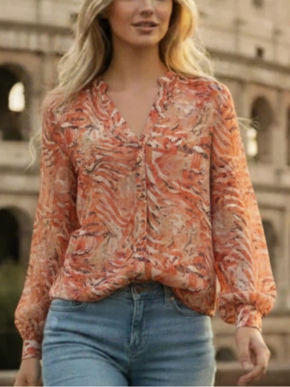 Laura Petites Pink Cream Graphic Mandarin Collar V-Neck Blouse L